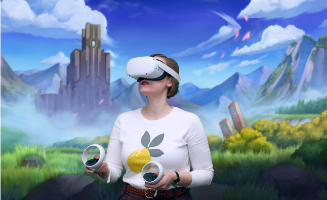 Staff member wearing Meta Quest 2 virtual reality headset