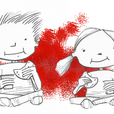 Cartoon of boy and girl having milk and cookies