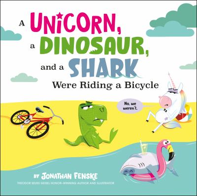A unicorn, a dinosaur, and a shark were riding a bicycle  cover image cdn