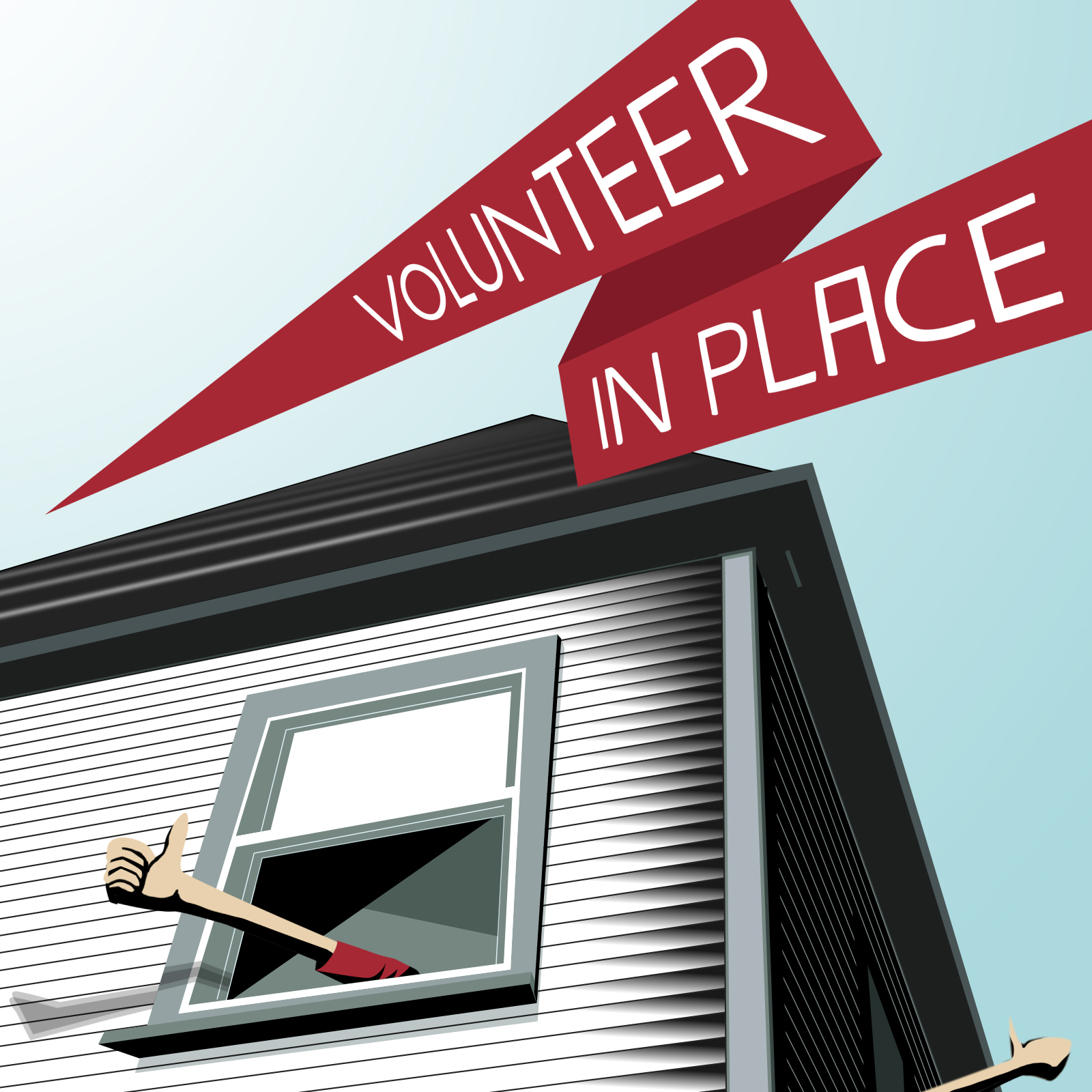 Graphic of window with a hand waving and the words Volunteer in Place