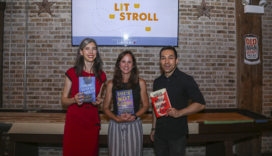 Kathleen Rooney,  Mary Kubica and Nick Medina holding their books at Lit Stroll