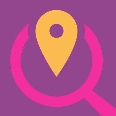 Purple background with yellow map pin and pink magnifying glass