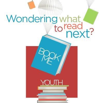 A book with a parachute attached to the top onto a pile of more books. Text reads: Wondering what to read next? Youth BookMe.