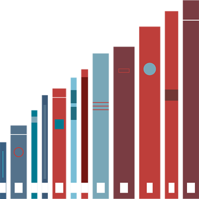 Illustration of blue and red book spines.