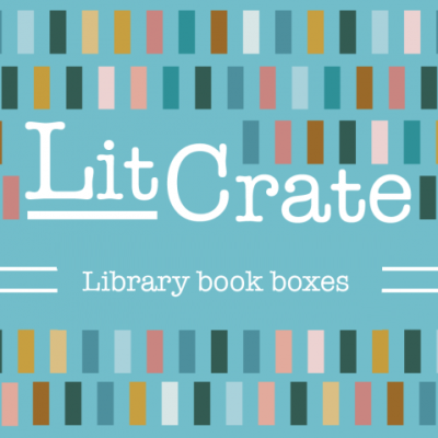 Small multicolored rectangles on a blue background. Text: Litcrate, library book boxes.