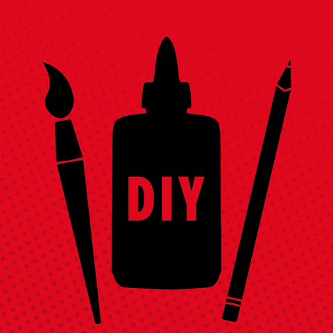 Black paint brush, pencil and glue bottle with the text DIY in red. 