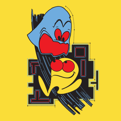 Vintage illustration of Pac Man and blue ghost on yellow background
