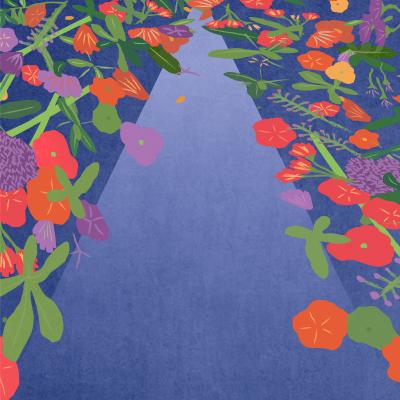 Graphic of path through flowers