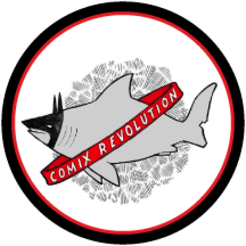 Comix Revolution Logo - A shark wearing a batman mask with a sash around him displaying the store name.